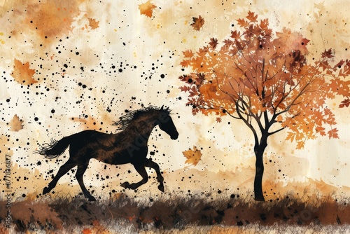 Abstract ink watercolor sketch of a stallion, rustic and elegant, embracing the primitive aesthetic of grunge art photo