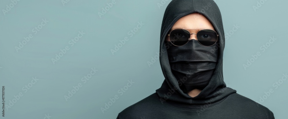Thief in a black hoodie and mask, walking stealthily with copy space on clear white background, natural lighting Thief in a black hoodie and mask, walking stealthily with copy space on clear white background, natural lighting