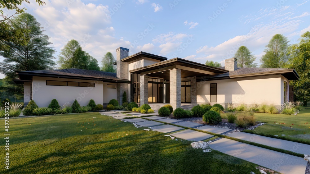 Modern ranch home with sleek, straight lines and a neutral color palette, emphasizing simplicity and elegance Modern ranch home with sleek, straight lines and a neutral color palette, emphasizing simplicity and elegance
