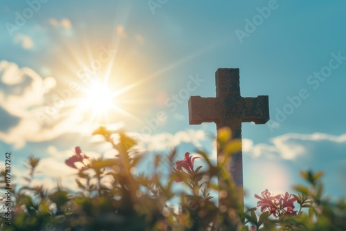 Abstract ethereal light of faith: Christian cross illuminated by the holy sun, symbol of hope and spiritual connection photo