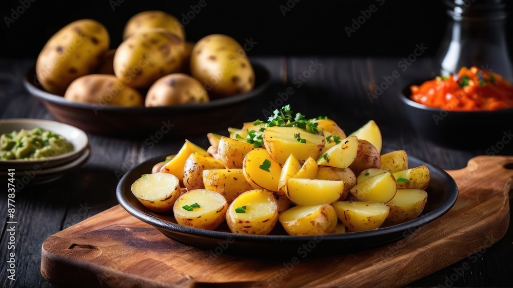 Dark Wood Tableau, A Symphony of Potatoes with Condiments and Garnishes Dark Wood Tableau, A Symphony of Potatoes with Condiments and Garnishes