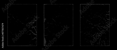 Stippled rough grunge collection. Aged pixelated texture paper overlay set. Dotted scratched crumpled background. Dirt grainy dotted backdrop for poster, vinyl cover, frame, banner. Vector pack