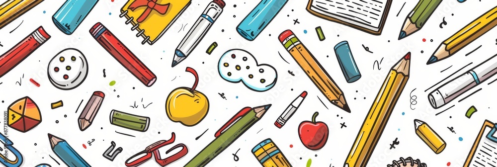 Obraz premium Grilled Shrimp Skewer Delights: Abstract School Supplies Seamless Pattern: Pencils, pens, and notebooks presented in black line doodle comic style, isolated on a white background, for creative design