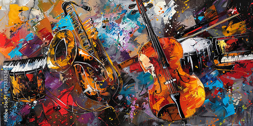 Vibrant Jazz Fusion: Saxophone, Violin, Piano and Drum Set in Abstract Art