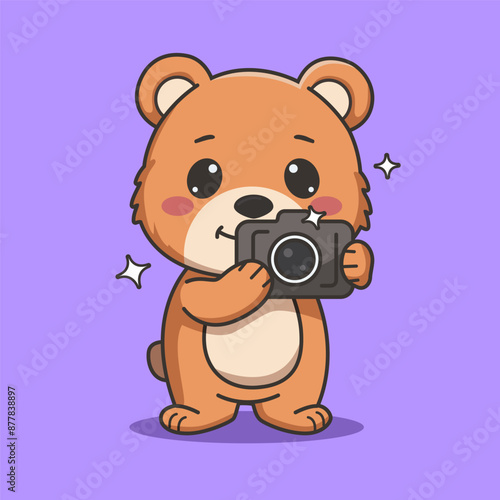 Cute bear taking photo with camera cartoon vector illustration