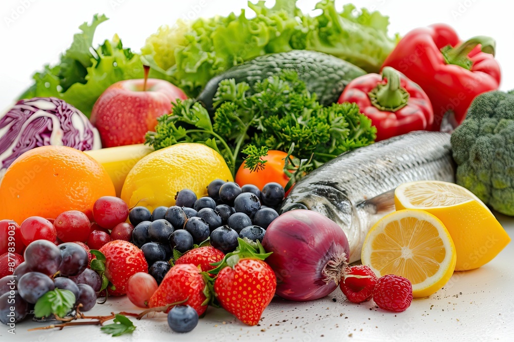 A vibrant display of fresh fruits vegetables and fish on a white surface A vibrant display of fresh fruits vegetables and fish on a white surface