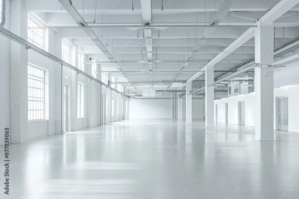 Empty modern white warehouse with a spacious interior and clean white background Empty modern white warehouse with a spacious interior and clean white background