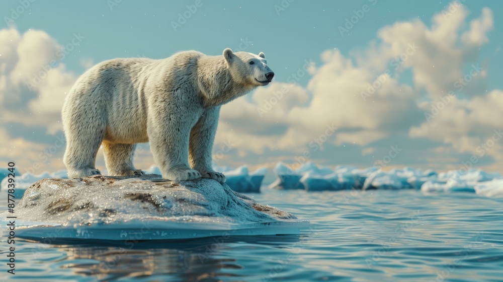 A polar bear standing on a small, melting ice floe in the Arctic, surrounded by open water, illustrating the impact of global warming and the climate crisis. A polar bear standing on a small, melting ice floe in the Arctic, surrounded by open water, illustrating the impact of global warming and the climate crisis.