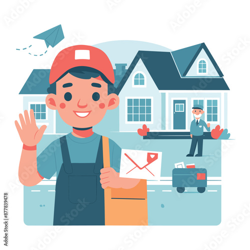 Smiling Mailman Delivering Letters in Neighborhood.