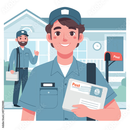 Smiling Mailman Delivering Letters in Neighborhood.