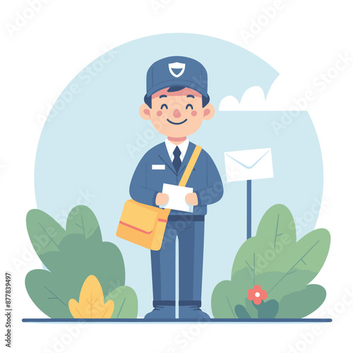 Smiling Mailman Delivering Letters in Neighborhood.