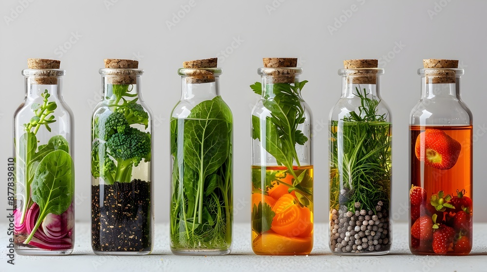 Assortment of Bottled Vegetable Extracts with Fresh Produce Assortment of Bottled Vegetable Extracts with Fresh Produce