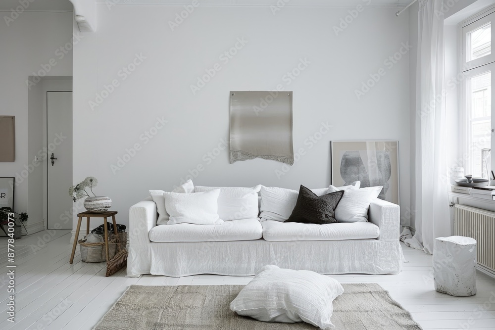 Naklejka premium Bright minimal white living room with a white couch and minimalistic decor elements, creating a serene atmosphere.