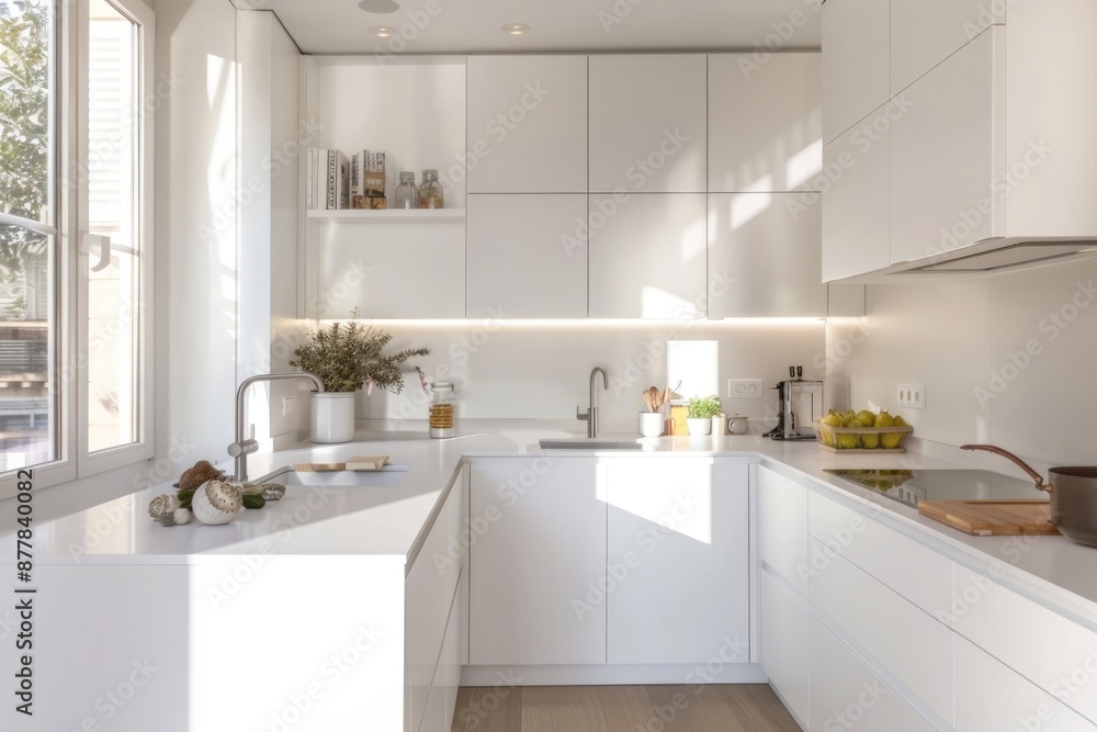 Minimal white kitchen with white cabinets and a small island, reflecting a sleek and modern design. Minimal white kitchen with white cabinets and a small island, reflecting a sleek and modern design.