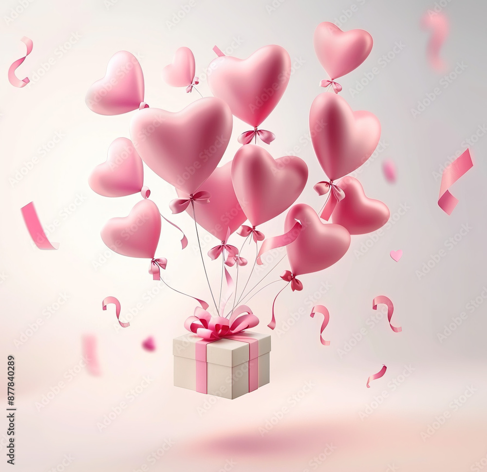 Ethereal gift box with heart balloons, pastel hues, and gentle glow, symbolizing love and celebration. Vector art featuring flat design and 3D render Ethereal gift box with heart balloons, pastel hues, and gentle glow, symbolizing love and celebration. Vector art featuring flat design and 3D render