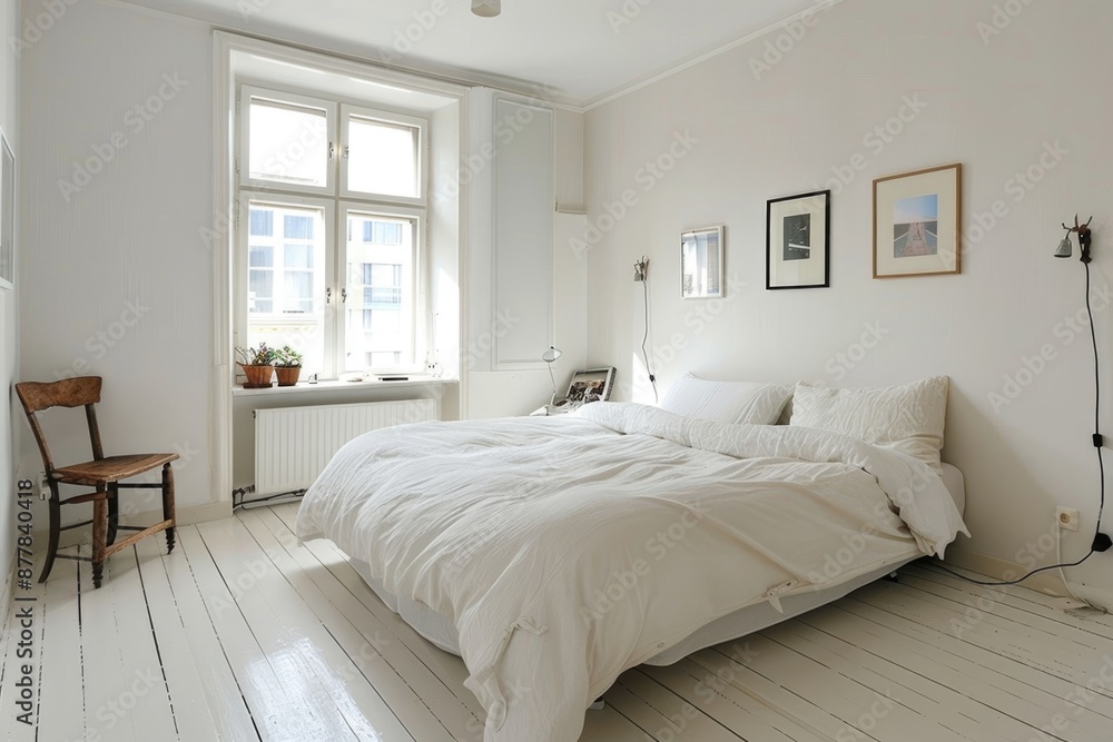 Fototapeta premium Bright and cozy white bedroom with minimal furniture and decor
