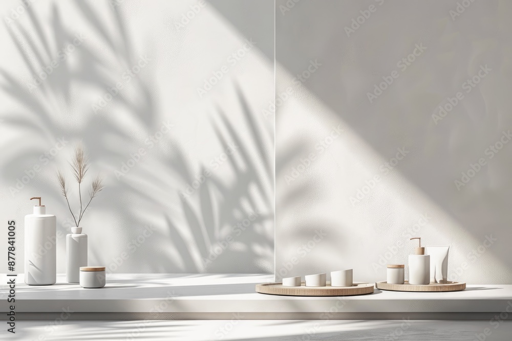 Modern product display featuring leaf shadows and clean lines Modern product display featuring leaf shadows and clean lines