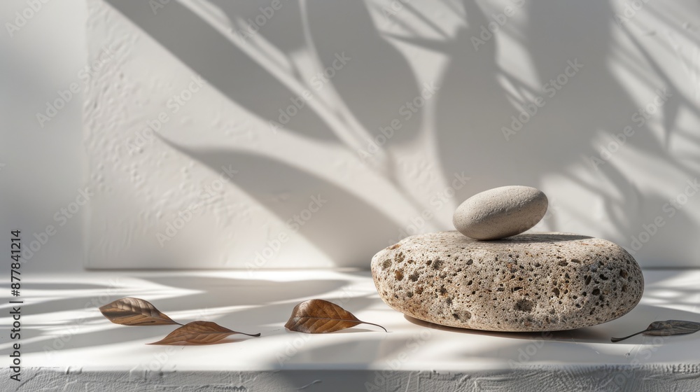Minimalist product display with a stone, leaf shadows, and raw photo aesthetic Minimalist product display with a stone, leaf shadows, and raw photo aesthetic