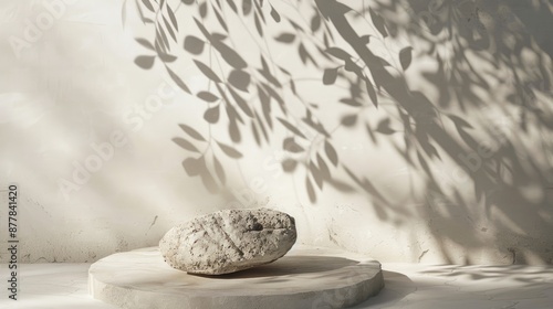 Product display featuring a stone, minimalist approach, and natural leaf shadows