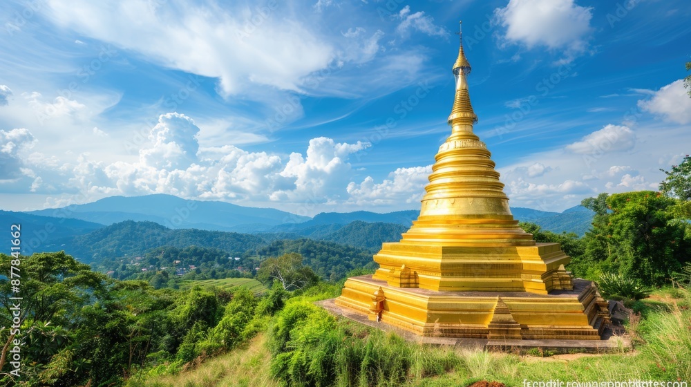 Fototapeta premium An awe-inspiring view of a golden temple nestled amidst the tranquility of Thailand's natural surroundings, the shimmering golden hues of the temple complementing the lush greenery and clear blue