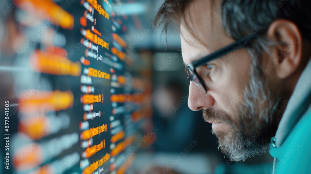 Intense Programmer Debugging Code. Programmer with glasses deeply focused on debugging code on a computer screen filled with code snippets. Intense Programmer Debugging Code. Programmer with glasses deeply focused on debugging code on a computer screen filled with code snippets.