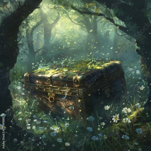 Abstract Mysterious Forest Treasure: Illustration of a magical treasure chest deep in the forest, whimsical artwork for fantasy art lovers. © yanlong