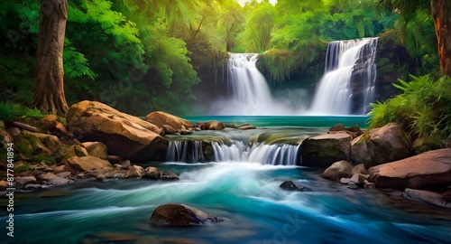 Landscape waterfall in the green forest.