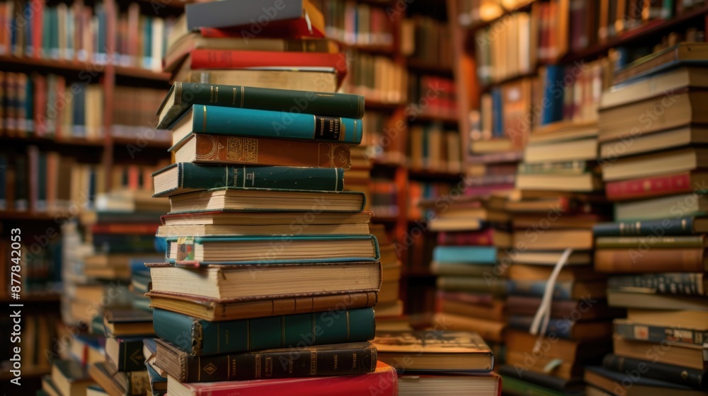 Stack of books in the library room with a blurry background Stack of books in the library room with a blurry background