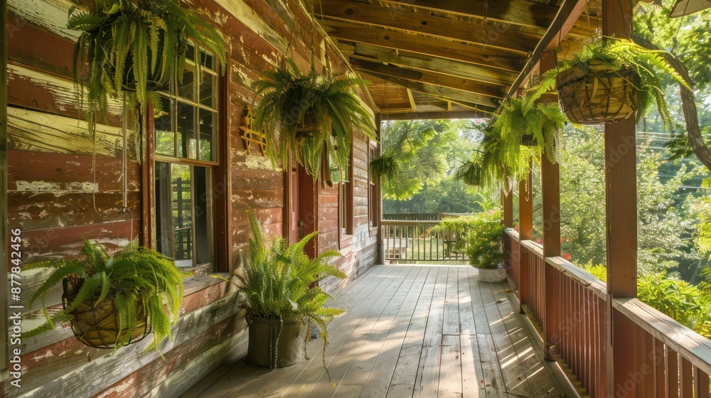 Rustic suburban ranch with weathered wood siding and a wrap-around porch filled with hanging plants Rustic suburban ranch with weathered wood siding and a wrap-around porch filled with hanging plants