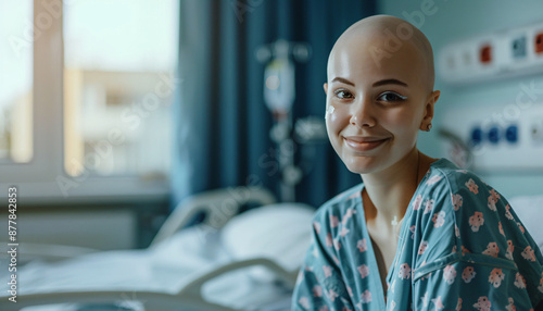 Hispanic Young pretty cancer patient in johnny gown or johnny smiling looking into the camera, Cancer hospital photo