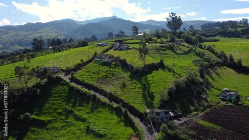 Drone flight at the foothills of the Pasochoa volcano in the province of Pichincha, Ecuador with hills, mountains in the background