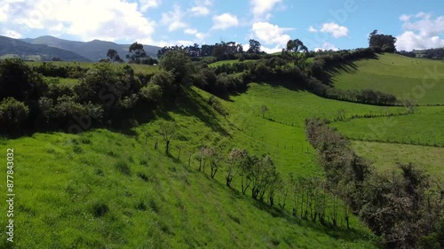 Green and sunny hillside at the foothills of the Pasochoa volcano in the province of Pichincha, Ecuador, dolly aerial drone flight