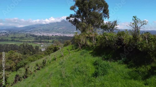 Dolly drone shot, greenland province of Pichincha, Ecuador with view on the corazón volcano on a sunny day, copy space