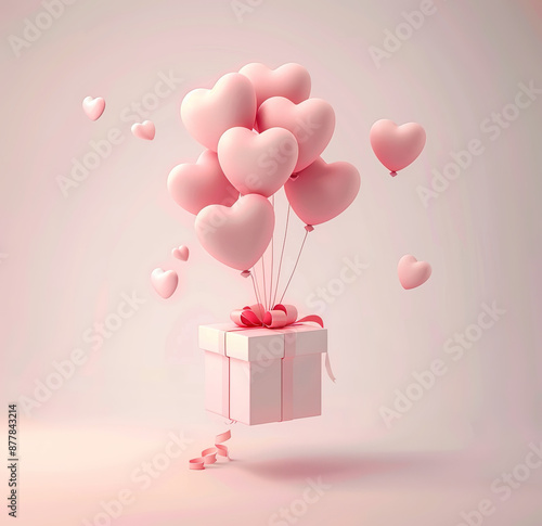 Charming gift box with heart balloons ascending, a pastel-colored vector illustration for sweet celebrations.