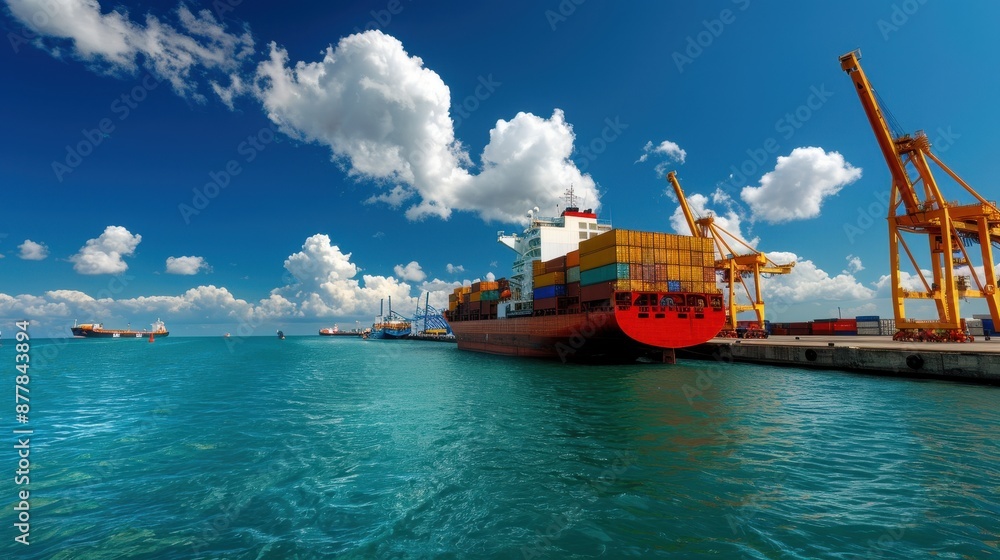 Obraz premium Cargo Ship Docked at Industrial Port with Cranes and Containers under a Bright Blue Sky
