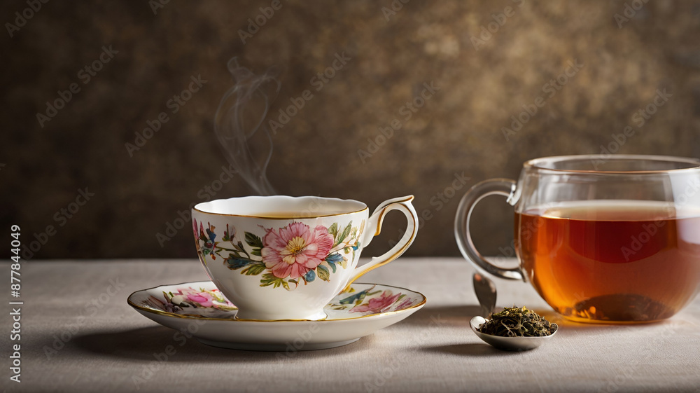 A Horizontal Photograph of a Cup of Tea and a Tea Cup with a Teapot on the Side, Capturing the Warm Liquid and Gentle Steam Rising. This Inviting Image Reflects the Traditional Ceremony of Tea Drinkin A Horizontal Photograph of a Cup of Tea and a Tea Cup with a Teapot on the Side, Capturing the Warm Liquid and Gentle Steam Rising. This Inviting Image Reflects the Traditional Ceremony of Tea Drinkin