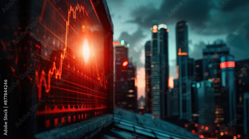 Fototapeta premium Futuristic Cityscape with Digital Stock Market Graphs at Sunset, Modern Financial District Skyline