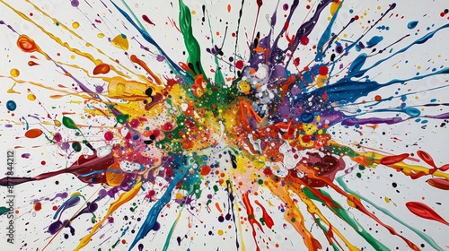A burst of colorful splashes and drips, creating a chaotic yet harmonious explosion of energy on the canvas