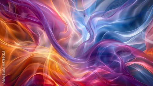 A mesmerizing abstract composition of flowing, colorful waves and ribbons of light, blending shades of blue, purple, orange, and pink, creating a sense of movement and fluidity.