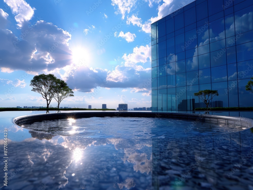 Naklejka premium Modern Glass Building with Reflective Pool and Blue Sky on a Sunny Day