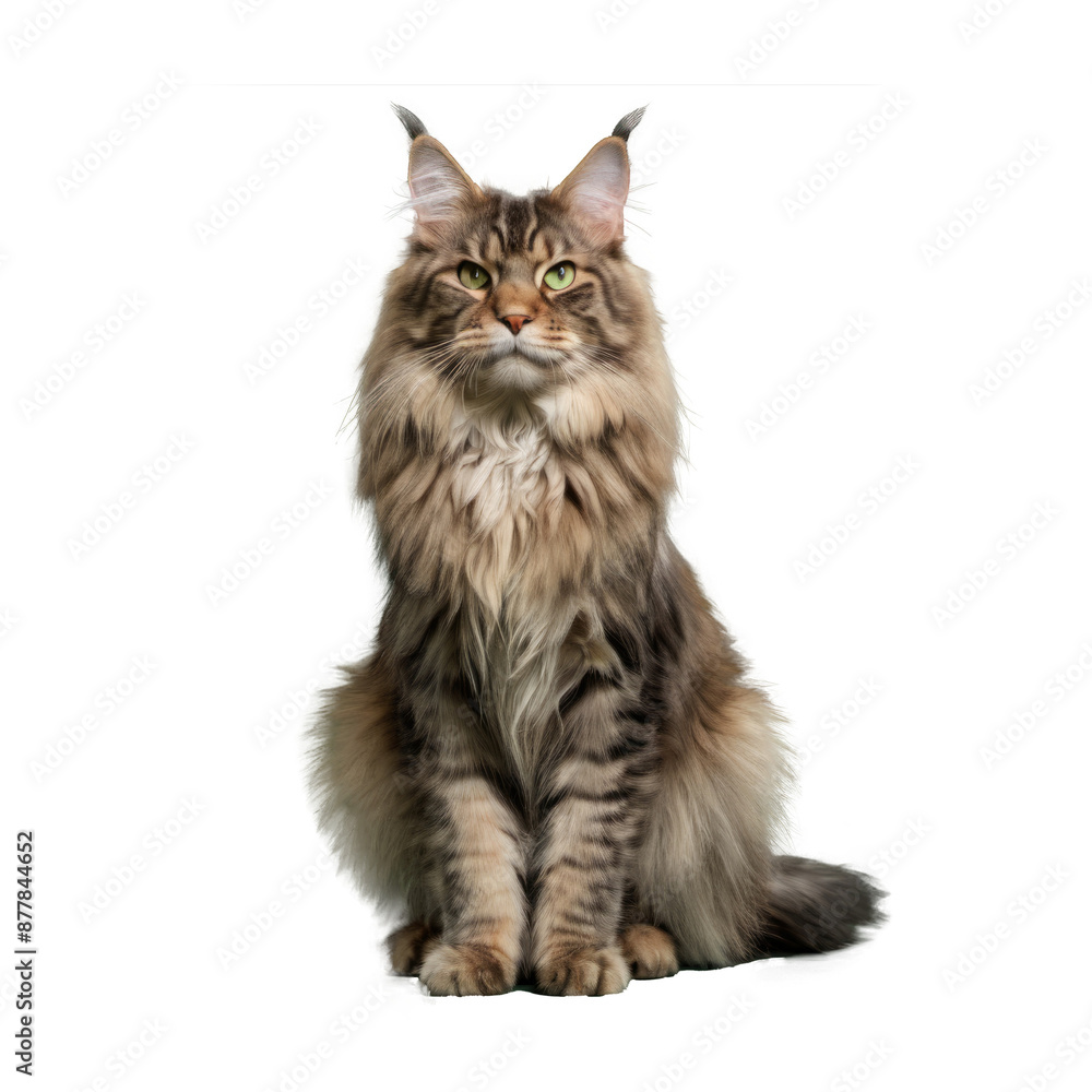 Obraz premium Maine coon cat with long fur sitting and looking forward. Studio pet portrait isolated on transparent background. Feline and animal concept for design and print.