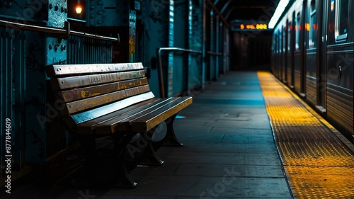 Empty Subway Station Bench at Night with Illuminated Train Platform