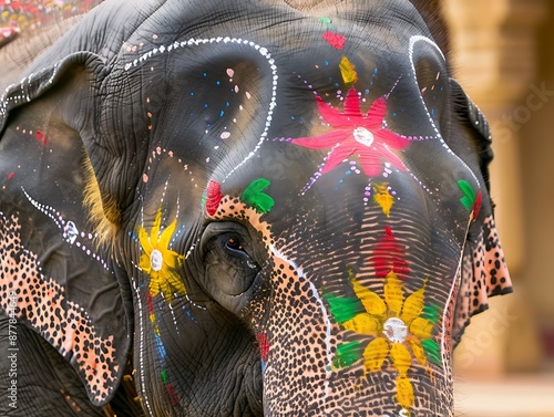 Traditional forehead painting on an elephant, close-up with vibrant colors and intricate patterns, Pondicherry, Indi HD capture. photo