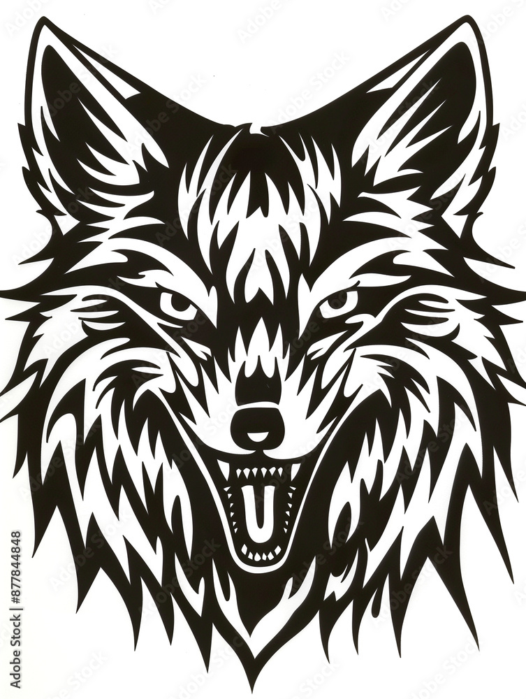 Fototapeta premium A black and white drawing of a wolf with its mouth open and teeth bared