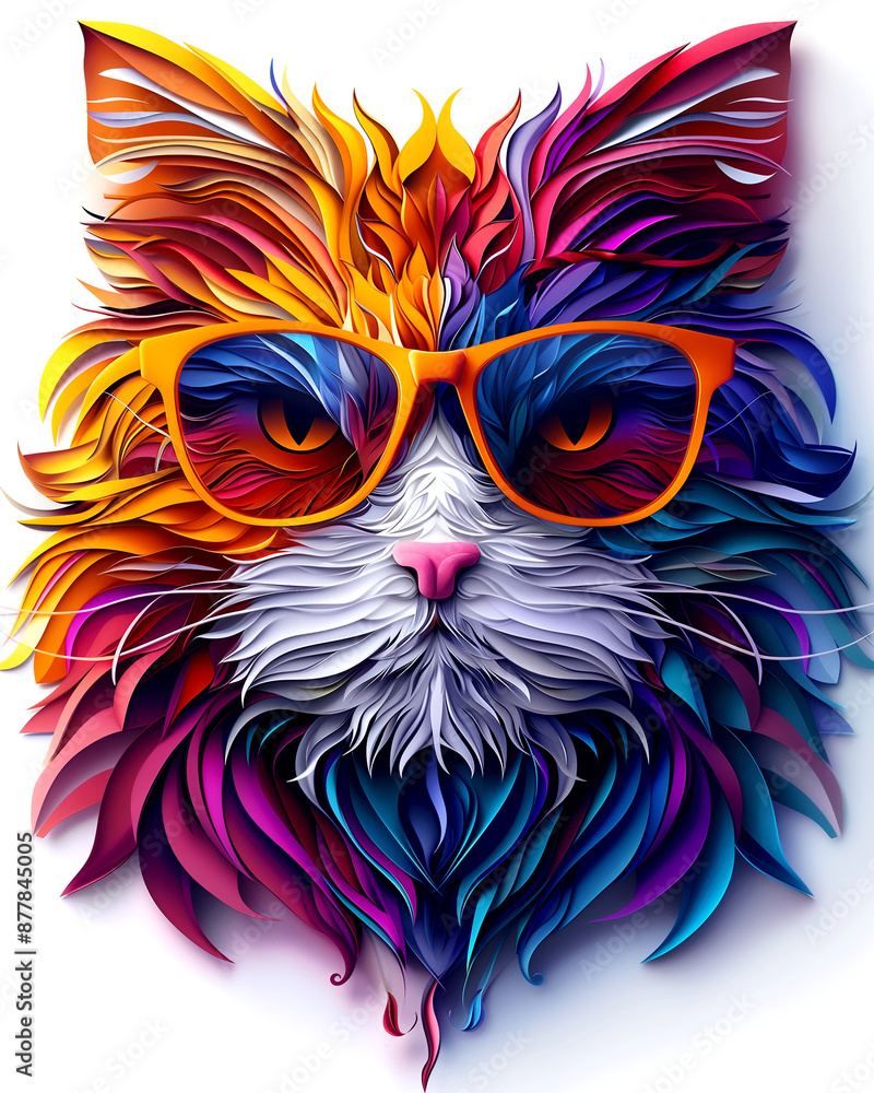 A colorful cat with a pair of sunglasses on its face. The cat's fur is wild and colorful, and the sunglasses add a playful and fun element to the image. Scene is lighthearted and whimsical A colorful cat with a pair of sunglasses on its face. The cat's fur is wild and colorful, and the sunglasses add a playful and fun element to the image. Scene is lighthearted and whimsical