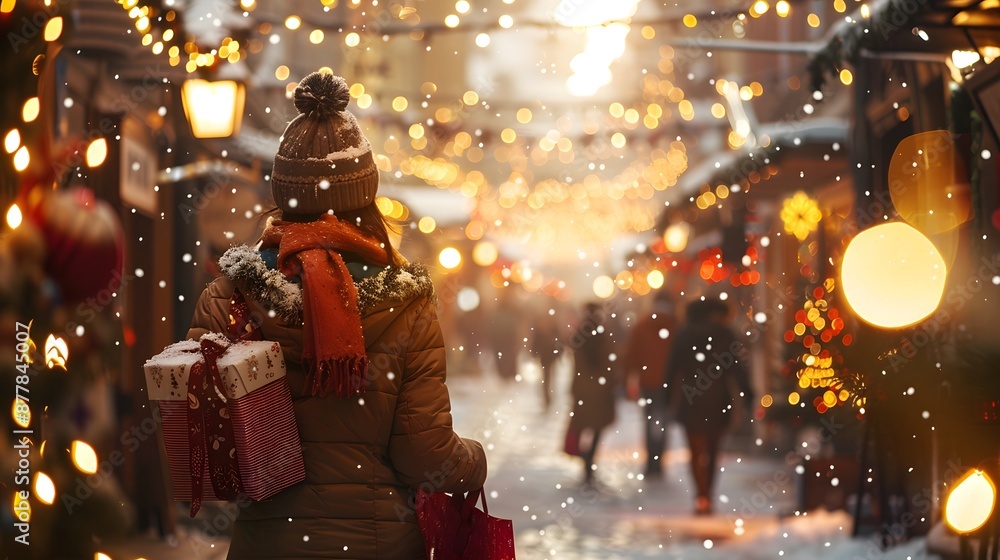 walking through a snowy shopping district, carrying festive bags and gifts walking through a snowy shopping district, carrying festive bags and gifts