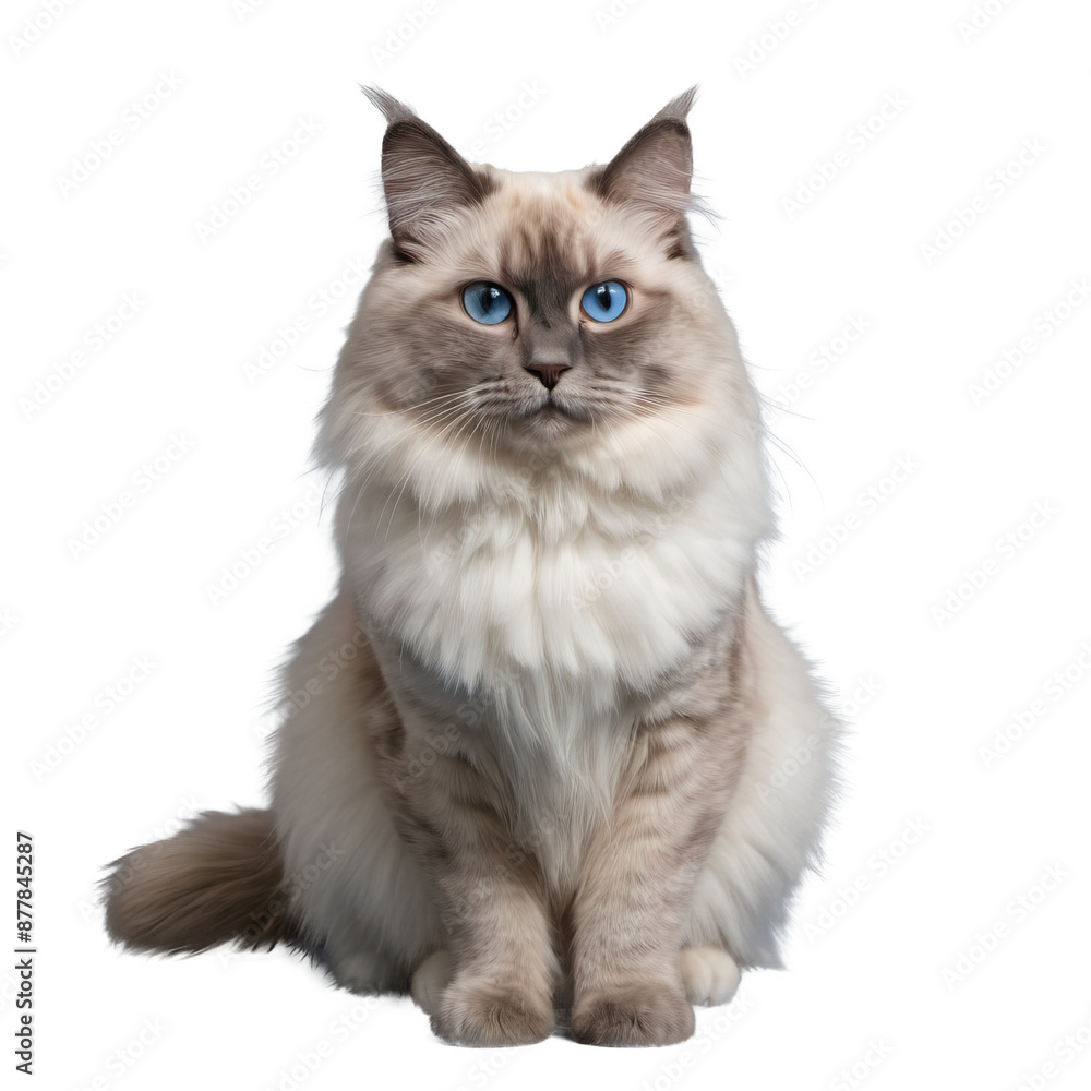 Obraz premium Ragdoll cat with long fur and blue eyes sitting and looking forward. Studio pet portrait isolated on transparent background. Feline and animal concept for design and print.