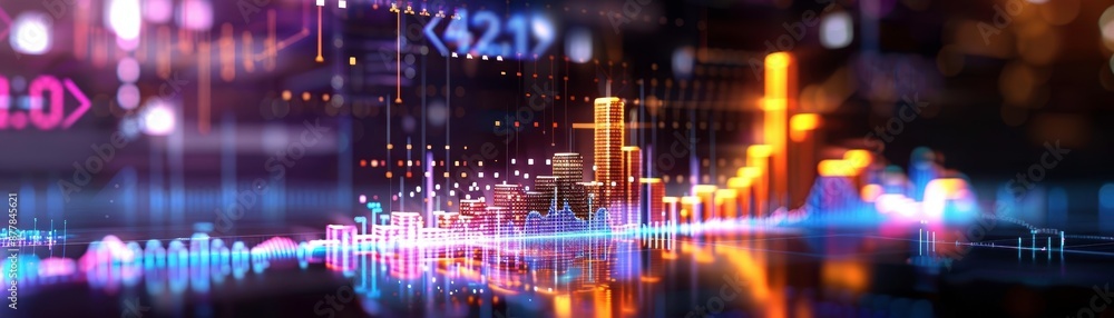 Abstract digital graph with neon lights showcasing data analysis and financial growth trends in a futuristic setting. Abstract digital graph with neon lights showcasing data analysis and financial growth trends in a futuristic setting.