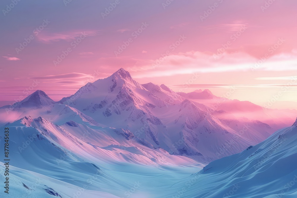 Stunning snow-covered mountain range with a pink sunset sky, capturing the serene beauty of winter landscapes. Stunning snow-covered mountain range with a pink sunset sky, capturing the serene beauty of winter landscapes.