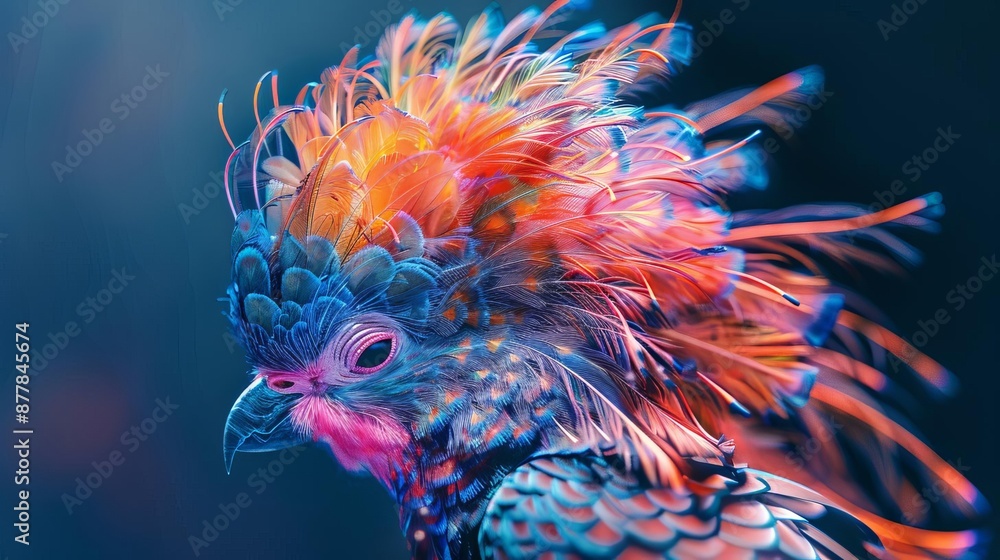 Fototapeta premium Vibrant, colorful bird portrait with luminous feathers showcasing an array of bright, eye-catching colors against a soft, blurred background.